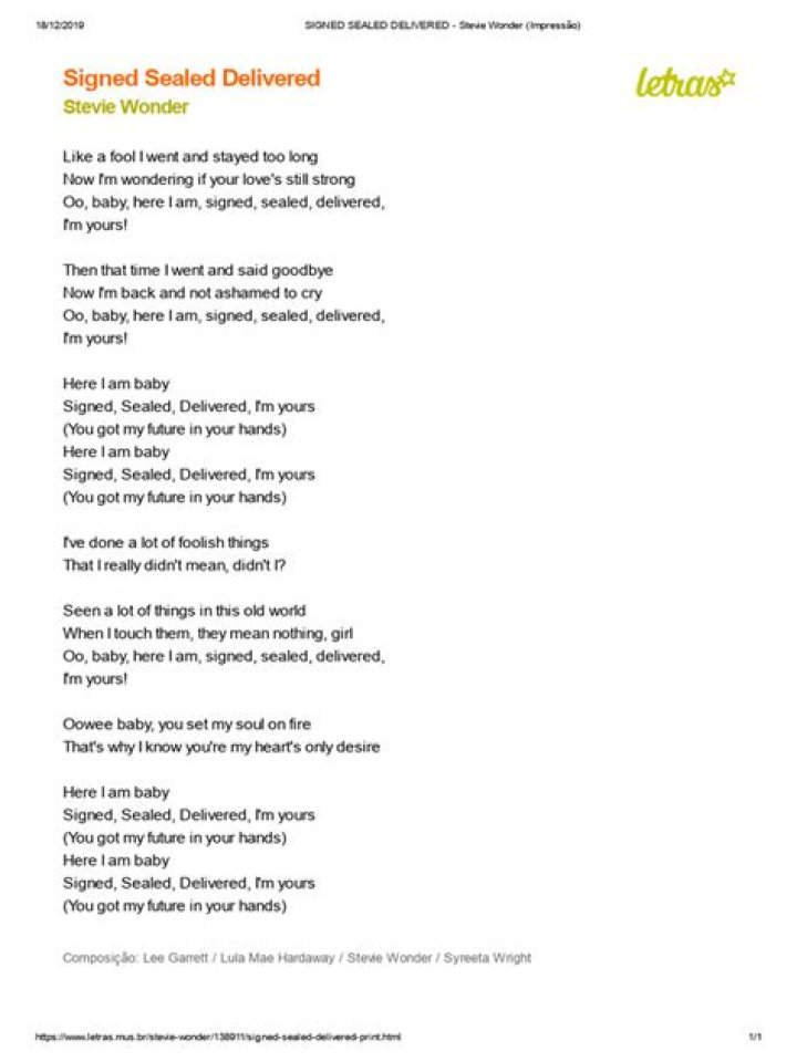 Signed Sealed Delivered Lyrics |